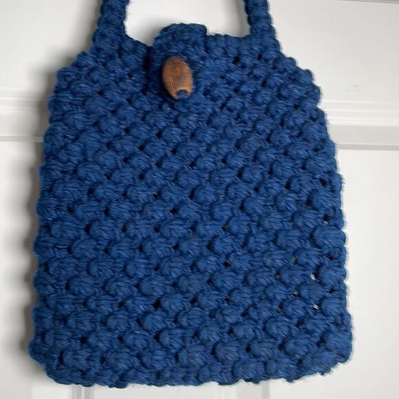 Vintage Crochet Handcrafted Wood Button Blue Handbag 1970s - Picture 10 of 11